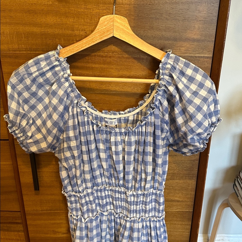 Blue Gingham Stretchy Ruffled Smocked Dress - Picture 2 of 3